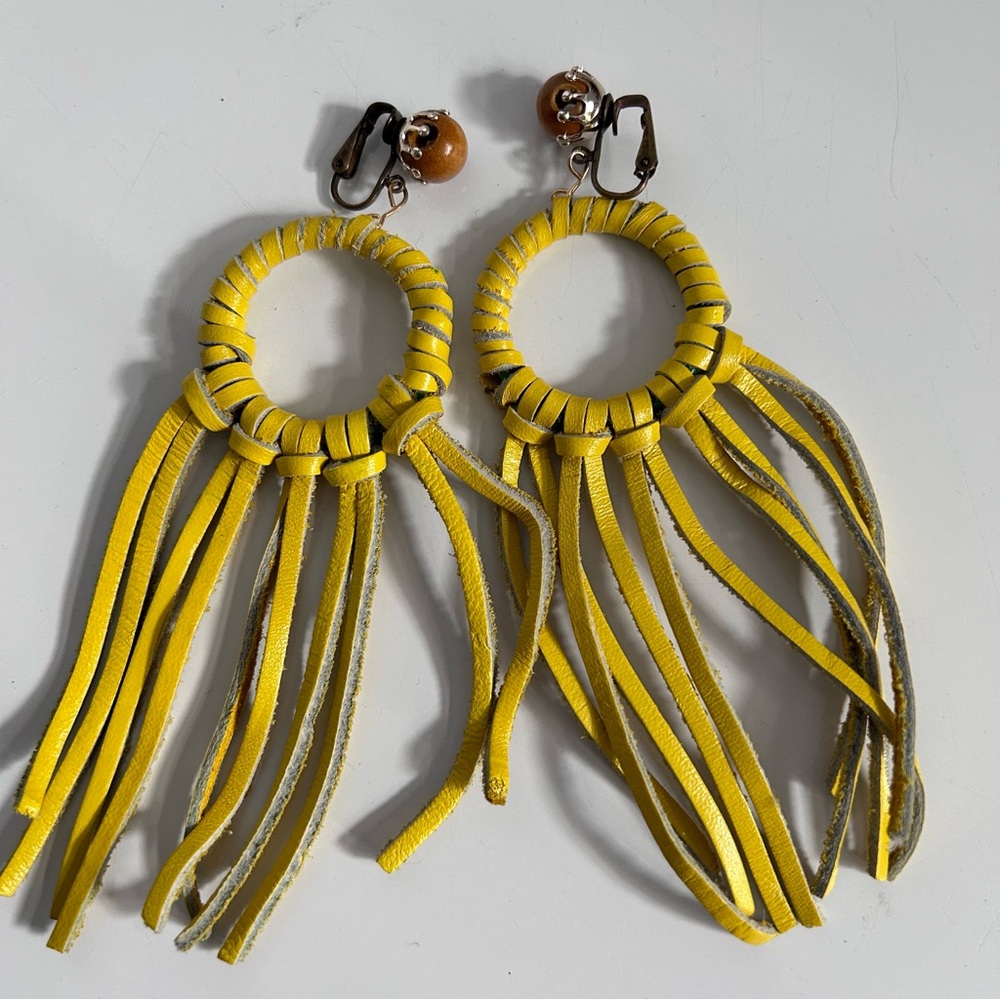 Yellow leather fringe clip on earrings 5” long